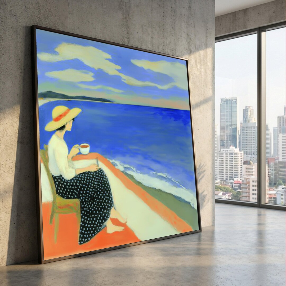 Woman Relaxing by the Sea, Coastal Canvas Wall Art, Tea Time by the ...