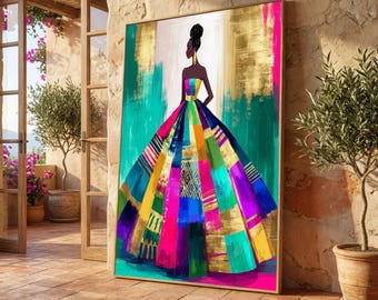 May include: A framed art print depicting a woman in a colourful gown. The dress is an abstract patchwork of pink, blue, yellow, and purple, with gold accents. The background features teal and gold brushstrokes. The artwork is displayed outdoors.