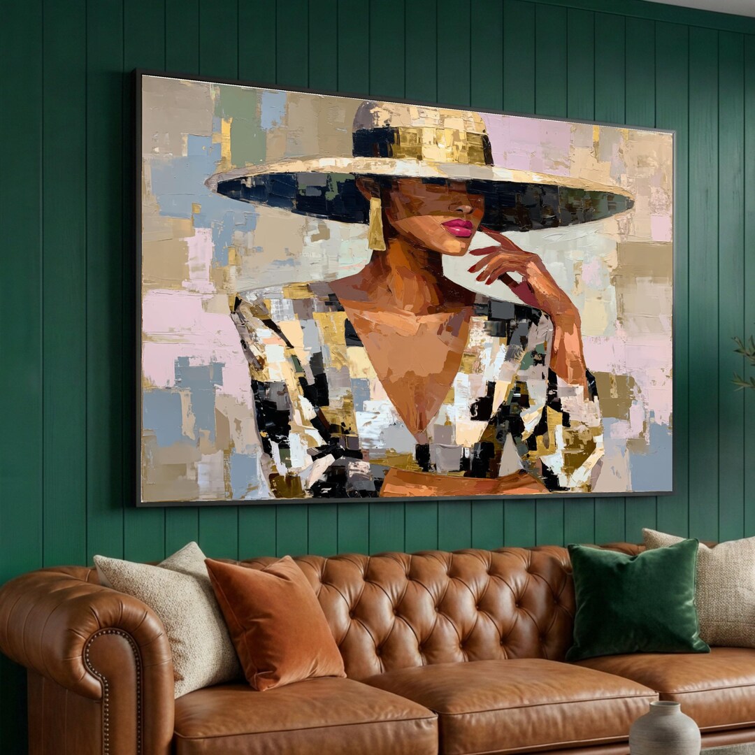 Elegant Woman in Wide Brim Hat, Modern Portrait Canvas, Abstract ...