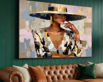Elegant Woman in Wide Brim Hat, Modern Portrait Canvas, Abstract Fashion Wall Art, Gold and Neutral Tone Canvas, Chic Stylish Home Decor