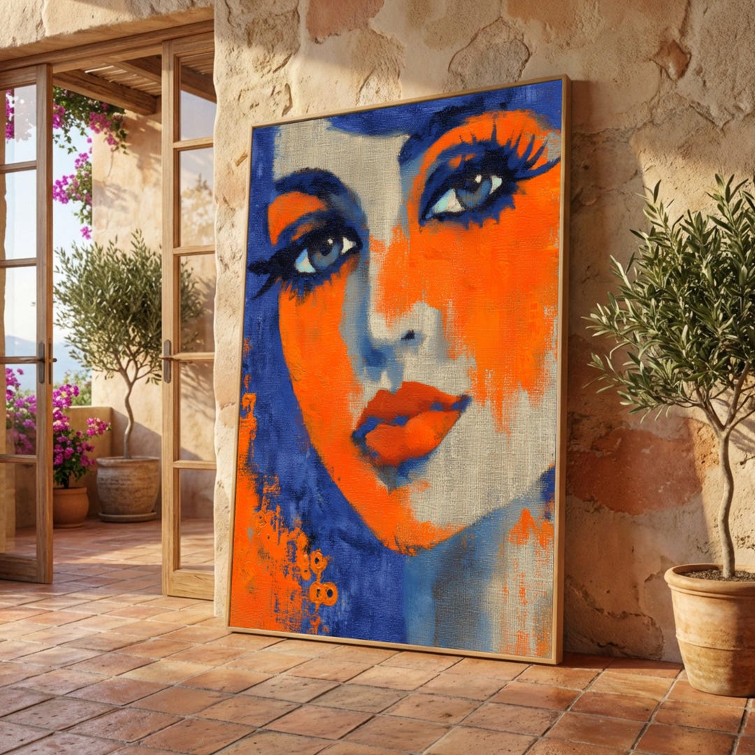 Abstract Woman Portrait Canvas, Bold Blue and Orange Face Art, Modern ...