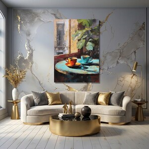 Coffee Wall Art Canvas, Cozy Cafe Decor, Rustic Kitchen Wall Art, Colorful Coffee Cups Painting, Breakfast Nook Decor image 2