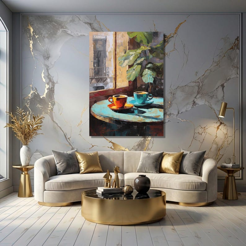 Coffee Wall Art Canvas, Cozy Cafe Decor, Rustic Kitchen Wall Art, Colorful Coffee Cups Painting, Breakfast Nook Decor image 2