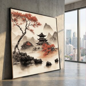 Puede incluir: Obra de arte enmarcada que representa un sereno paisaje asiático. La obra presenta una pagoda tradicional, árboles rojos vibrantes y montañas brumosas. La paleta de colores incluye tonos de rojo, marrón y gris, creando una escena tranquila y artística.