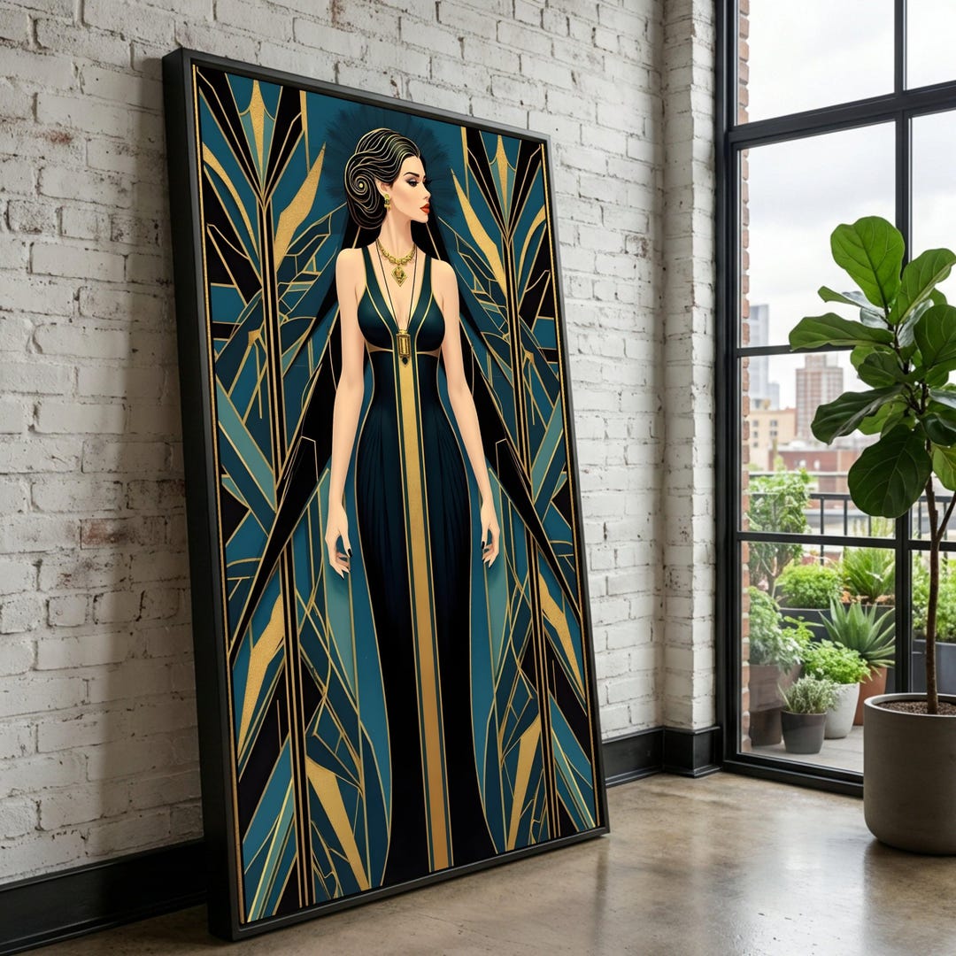 Elegant Art Deco Woman Canvas Wall Art, Vintage Glamour Portrait, Gold ...