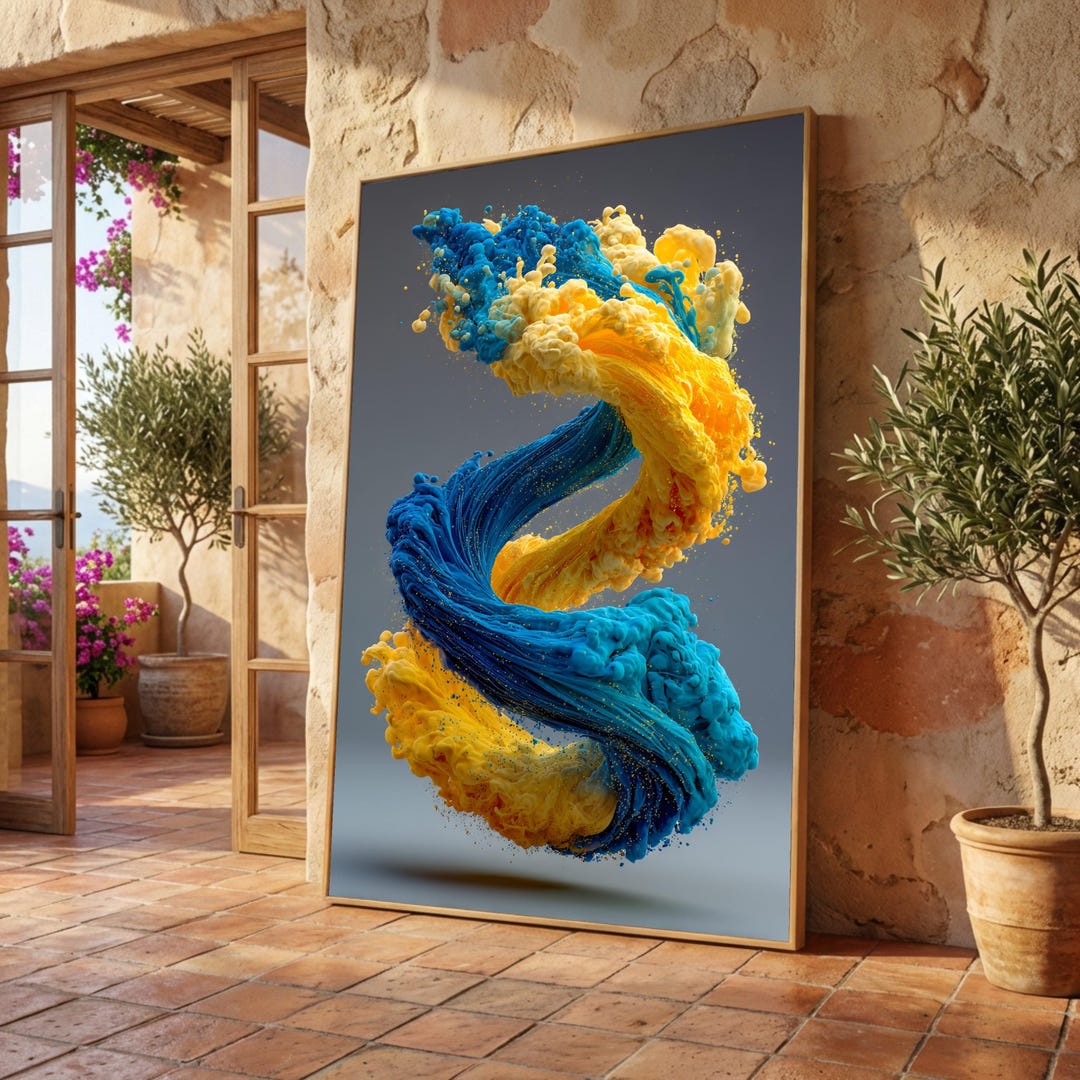 Vibrant Blue and Yellow Abstract Swirl, Modern Fluid Art Canvas ...