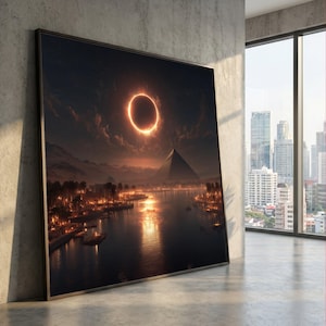 Può includere: Stampa artistica incorniciata raffigurante un paesaggio egiziano al tramonto. L'opera presenta un'eclissi solare sopra una piramide, con un fiume e luci della città che riflettono il bagliore caldo. La stampa è esposta in una stanza moderna con vista sulla città.