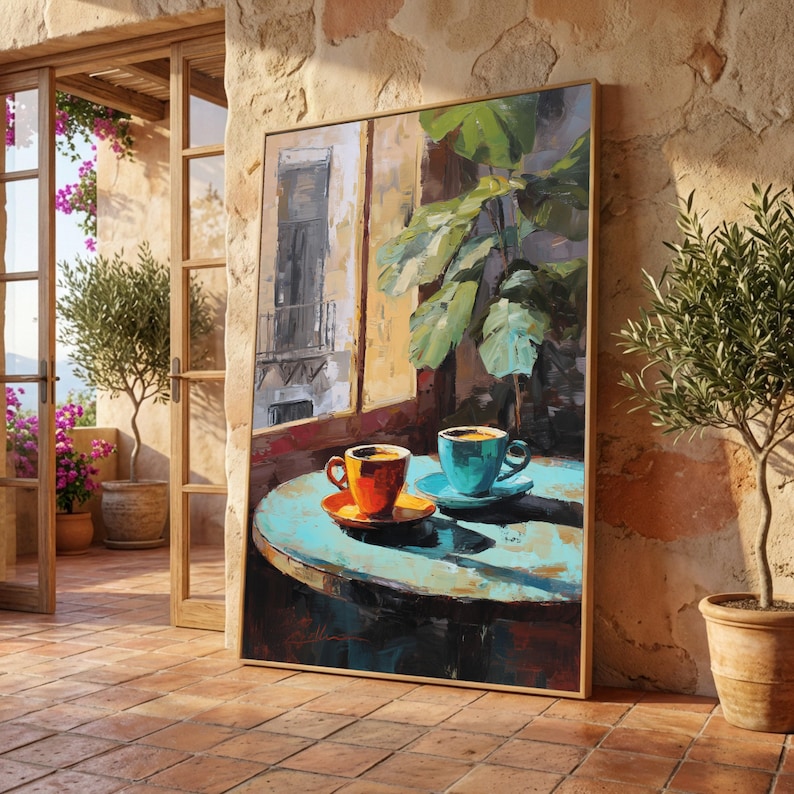 Coffee Wall Art Canvas, Cozy Cafe Decor, Rustic Kitchen Wall Art, Colorful Coffee Cups Painting, Breakfast Nook Decor image 1