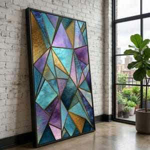 May include: A framed abstract art piece featuring a geometric design. The artwork showcases a mosaic of triangles in shades of gold, teal, purple, and blue. The piece is leaning against a white brick wall, with a window and a potted plant in the background.