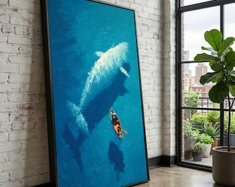 Giant Whale and Canoe, Ocean Adventure Canvas, Marine Life Wall Art, Blue Sea Scene, Nature Wildlife Canvas, Nautical Home Decor