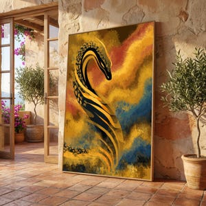 Abstract Serpent Canvas Wall Art, Golden Snake Illustration, Modern Animal Decor, Vibrant Nature Canvas, Bold Wildlife Artwork