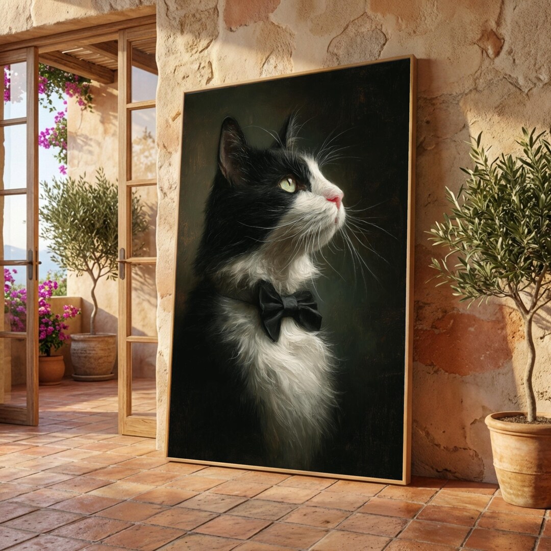 Elegant Black and White Cat Portrait Canvas, Tuxedo Cat With Bow Tie ...