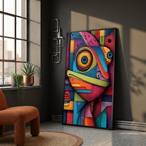 Quadro astratto con pesci colorati, moderna arte murale geometrica, vivace decorazione con vita oceanica, dipinto su tela, decorazione contemporanea per la casa