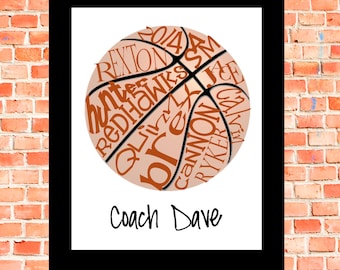 ELECTRONIC COPY Custom Basketball Print  | Typography Art | 8x10 | Coach Gift | Keepsake | Team Gift