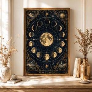 Op de afbeelding: Een rechthoekige wandkunstprint met een centrale volle maan omringd door een cirkelvormig diagram van maanfasen. Het ontwerp gebruikt een donkerblauw en goud kleurenpalet met ingewikkelde hemelse patronen, stermotieven en decoratieve randen.