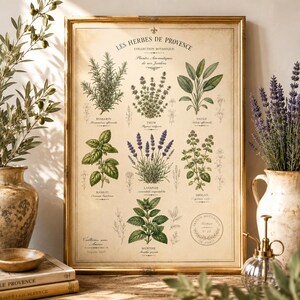 Op de afbeelding: Een ingelijste botanische print getiteld Les Herbes de Provence met illustraties van rozemarijn, tijm, salie, basilicum, lavendel, oregano en munt met hun wetenschappelijke namen in zwarte tekst op een crèmekleurige achtergrond in een gouden lijst.