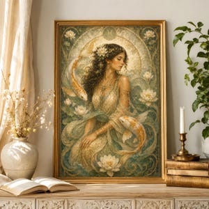 May include: A framed wall art print depicting a person with long dark hair adorned with flowers, wearing a flowing gown, surrounded by two koi fish and white lotus blossoms in a swirling water-like setting with a golden circular halo background.