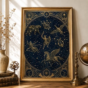 Könnte beinhalten: Ein rechteckiger gerahmter Wandkunstdruck mit einer dunkelblauen Himmelskarte mit goldenen Sternbildern, darunter ein Bär, ein geflügeltes Pferd und ein Jäger. Das Design ist von einem verzierten goldenen Rand mit astronomischen Illustrationen umgeben.