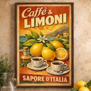 May include: A framed vintage-style poster with the words "Caffè & Limoni" and "Sapore d'Italia." The poster features lemons, coffee cups, and a coastal landscape. The color palette includes shades of orange, yellow, and brown, evoking a warm, inviting atmosphere.