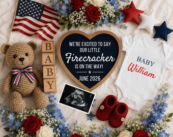 4th of July Pregnancy Announcement Template, Little Firecracker Baby Boy Reveal, Patriotic Canva Digital Download