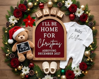 Christmas Pregnancy Announcement Template, I’ll Be Home For Christmas Baby Reveal, December Due Date Reveal, Editable Canva Template