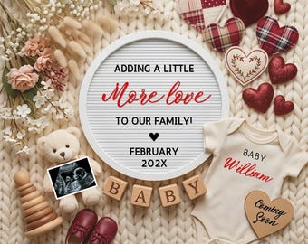Valentine Digital Pregnancy Announcement, Adding a Little More Love Baby Reveal, February Due Date, Gender Neutral Editable Canva Template