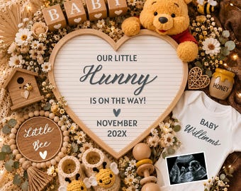 Anuncio digital de embarazo de Winnie the Pooh, revelación del bebé de Our Little Hunny, plantilla editable de Winnie the Pooh para redes sociales, descarga instantánea.