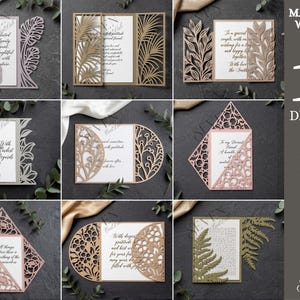 Peut inclure: Dix modèles de faire-part découpés au laser, chacun avec des motifs floraux et de feuilles complexes. Du texte est visible sur les cartes intérieures. Épaisseur du matériau : 3 mm. Formats : SVG, PNG, DXF, EPS, PDF, et JPG.