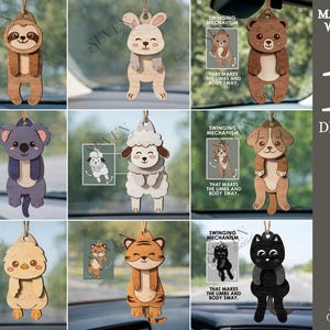 Könnte beinhalten: Eine Sammlung von zehn hölzernen Auto-Lufterfrischern in verschiedenen Tierdesigns, darunter ein Faultier, ein Hase, ein Bär, ein Koala, ein Schaf, ein Hund, ein Küken, ein Tiger und eine Katze. Jedes Design ist etwa 3 mm dick und verfügt über einen Schwingmechanismus. Der Text "10 Designs" und Dateiformatoptionen sind ebenfalls enthalten.