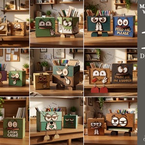 May include: A collection of ten wooden desk organizers featuring cartoon character faces with various expressions, gestures, and text like FEED ME PLEASE, TRUST ME I'M A BANKER, and CASH CASH. The digital files include SVG, PNG, DXF, EPS, PDF, and JPG formats.