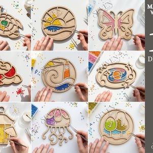 May include: Ten wooden craft designs, including a turtle, butterfly, rose, and lighthouse, with a material width of 3mm. The designs are shown in various stages of completion, with colourful beads being applied to the wooden cutouts.