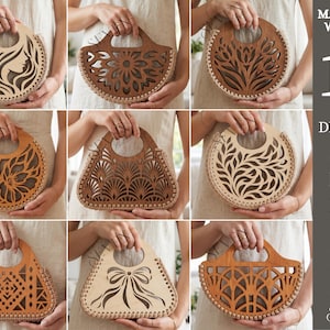 May include: A collection of ten semi-circular wooden handbag designs featuring intricate laser-cut patterns including floral, geometric, and bow motifs. The text on the right reads MATERIAL WIDTH: 10 DESIGNS SVG PNG DXF EPS PDF JPG SEVEN CutLab.