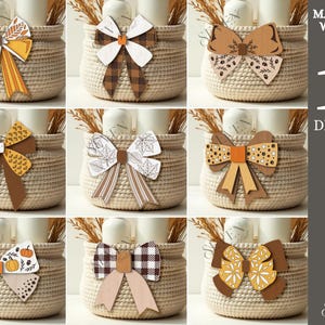 May include: A collection of ten decorative bow designs in various patterns and colors, including fall-themed motifs. The bows are displayed in woven baskets, with the material width specified as 3mm. The designs are available in SVG, PNG, DXF, EPS, PDF, and JPG formats.