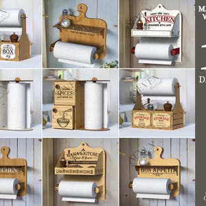 Könnte beinhalten: Eine Sammlung von zehn Küchenpapierrollenhaltern aus Holz in verschiedenen Designs. Einige Halter enthalten Aufbewahrungsboxen und Regale mit Texten wie "Kitchen" und "Spices". Die Materialbreite beträgt 3 mm.