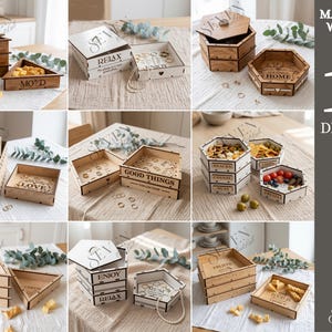 May include: A collection of wooden boxes and trays in various shapes and sizes. Some boxes have lids, and others are open, displaying contents like snacks and jewelry. The boxes feature engraved text such as "GOOD FOOD" and "RELAX".
