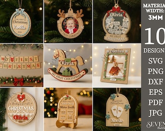 Babys första jul svg, personlig julgransprydnad, 10 laserskurna designer, namn fotoram gunghäst banderoll, glowforge xtool cnc, dxf