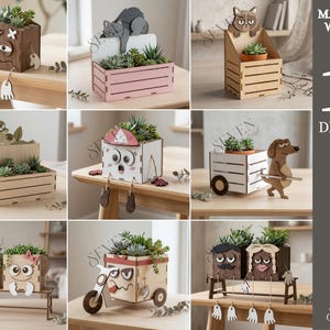 May include: A collection of ten wooden planter designs, each featuring a unique animal or character design. The planters are designed to hold small succulents and are made from 3mm thick material. The designs include a cat, dog, frog, and other whimsical characters.