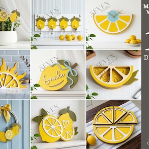 Op de afbeelding: Een verzameling gele houten decoraties met citroenthema. De afbeelding bevat een klok, wandhaken, een zonnestraal, een krans en andere citroenvormige ontwerpen. De tekst op de afbeelding zegt "Smile" en "10 Designs".