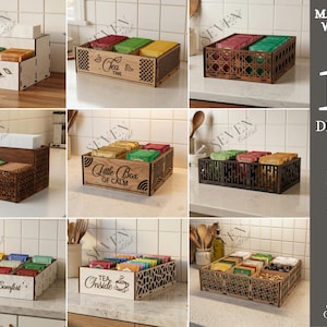 May include: A collection of wooden tea organizers in various designs. Each organizer holds tea bags and features decorative cutouts and text such as "Tea Time" and "Little Box of Calm." The material width is 3mm. The image also lists 10 designs available in SVG, PNG, DXF, EPS, PDF, and JPG formats.