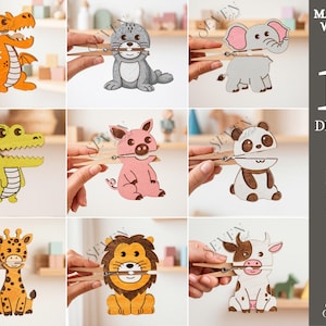 May include: A collection of ten wooden animal designs, including a dragon, seal, elephant, alligator, pig, panda, giraffe, lion, and cow, each attached to a wooden clothespin. The designs are colorful and cartoon-like, with the text "MATERIAL WIDTH: 3MM" and "10 DESIGNS" visible.