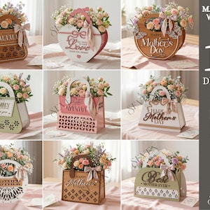 3D Mother's day bags bundle, flower basket laser cut files, wooden purse, mothers day quotes svg, boho handbag for women, trendy gift box