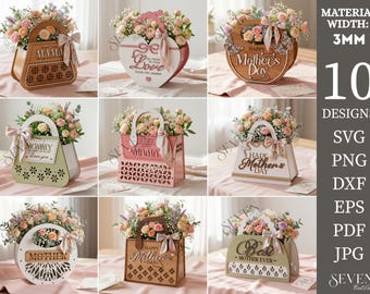 3D Mother's day bags bundle, flower basket laser cut files, wooden purse, mothers day quotes svg, boho handbag for women, trendy gift box