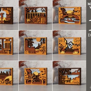 Puede incluir: Una colección de diez diseños de madera cortados con láser, cada uno representando una escena natural diferente. Los diseños incluyen paisajes con árboles, montañas y edificios. El ancho del material es de 3 mm. Los formatos de archivo disponibles son SVG, PNG, DXF, EPS, PDF y JPG.