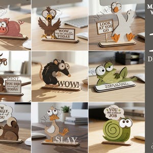 Op de afbeelding: Een verzameling van tien houten bureauversieringen met dieren. Elk figuur houdt een bord met een motiverende boodschap vast. Materiaaldikte: 3mm. Ontwerpen beschikbaar in SVG, PNG, DXF, EPS, PDF en JPG formaten.