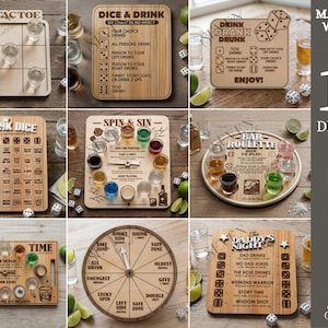 Puede incluir: Una colección de diez diseños de juegos de beber de madera, incluyendo tic-tac-toe, dados y ruleta. Cada tablero de juego está hecho de madera clara y presenta texto y diseños grabados. La imagen también incluye dados, chupitos y gajos de lima.