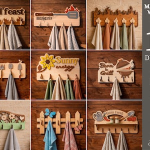 Könnte beinhalten: Eine Auswahl an hölzernen Küchentuchhaltern mit verschiedenen Designs, darunter "Grill Feast" und "BBQ MASTER." Jeder Halter hat Haken für Handtücher und dekorative Elemente. Das Bild zeigt auch "10 Designs" und Dateiformate.