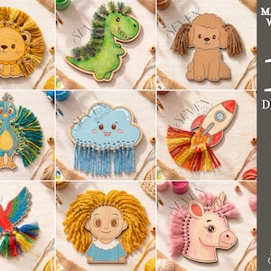 May include: A selection of ten wooden designs, featuring a lion, dinosaur, poodle, peacock, cloud, rocket, parrot, girl, and unicorn. Each design incorporates yarn accents and painted details. Material width is 3mm.