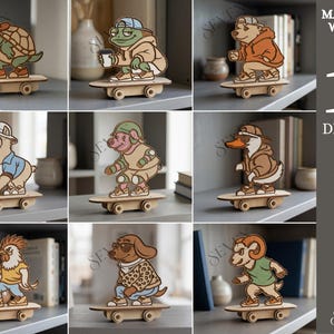 May include: A collection of ten wooden skateboard designs featuring various animal characters. Each design is 3mm thick and includes a turtle, frog, bear, llama, pig, duck, rooster, dog, and ram. The designs are available in SVG, PNG, DXF, EPS, PDF, and JPG formats.