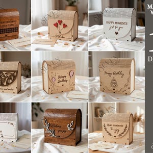 May include: A collection of ten wooden gift boxes with various designs. Some boxes feature laser-cut text like "Happy Birthday" and "Simple pleasures to enjoy today." The boxes are made of 3mm thick material and are available in SVG, PNG, DXF, EPS, PDF, and JPG formats.
