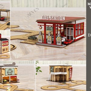 May include: A collection of five miniature wooden building designs, including a drive-in cafe, gas station, fire station, car service, and hotel. Each building is accompanied by a road layout. The material width is 3mm. The designs are available in SVG, PNG, DXF, EPS, PDF, and JPG formats.